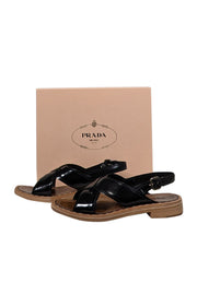 Current Boutique-Prada - Black Patent Cross Front Buckle Sandals Sz 10