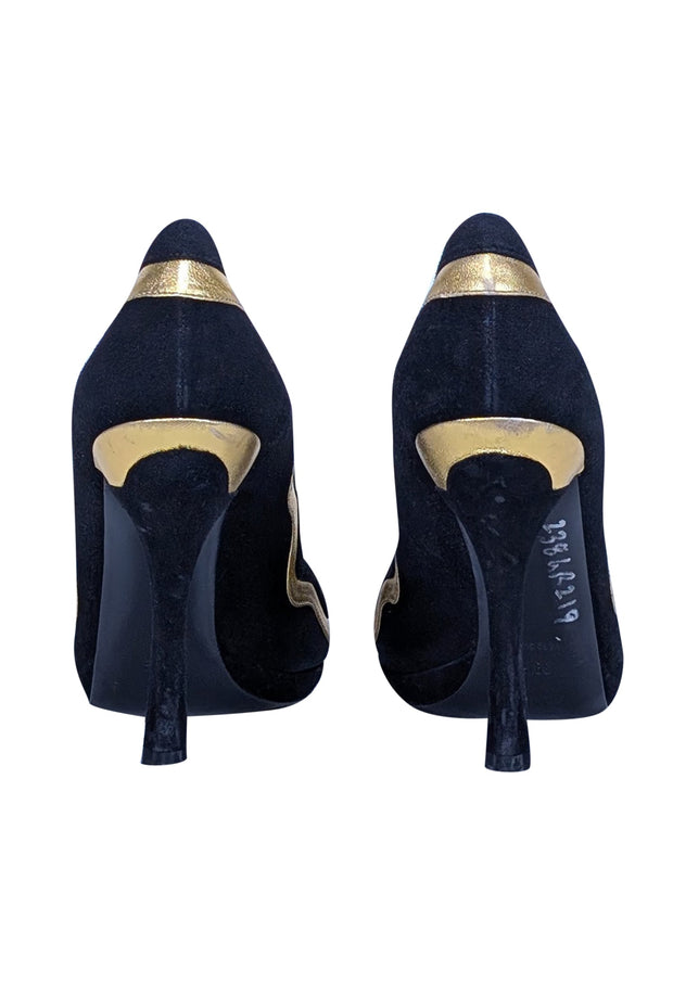 Current Boutique-Prada - Black Suede Heels w/ Gold Trim Sz 9.5