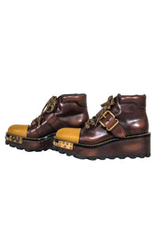 Current Boutique-Prada - Brown Leather w/ Mustard Toe Cap Platform Boots Sz 9