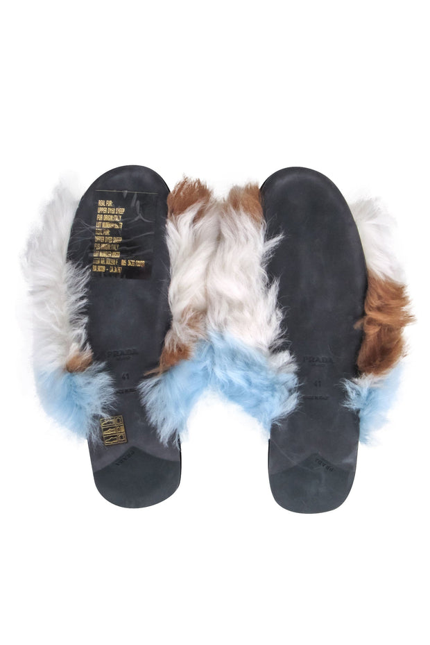 Current Boutique-Prada - Cream & Blue Fur Upper Sandal w/ Large Silver Embellishment Sz 11
