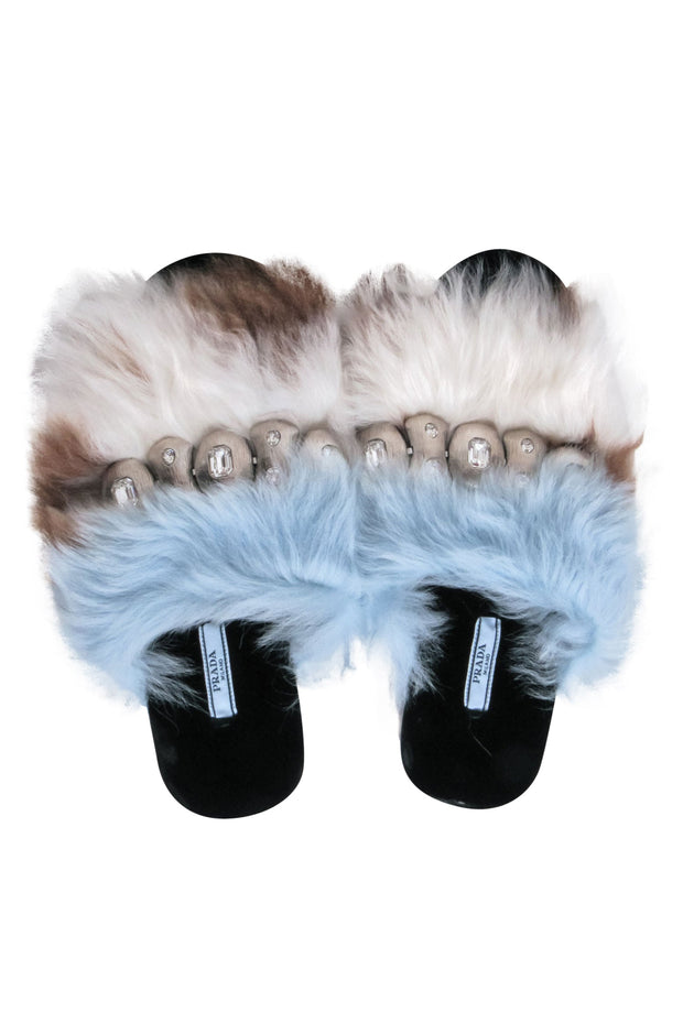 Current Boutique-Prada - Cream & Blue Fur Upper Sandal w/ Large Silver Embellishment Sz 11