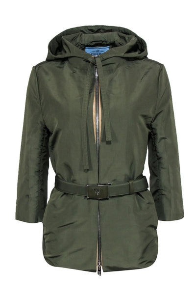 Current Boutique-Prada - Olive Green Hooded Belt Jacket Sz 6