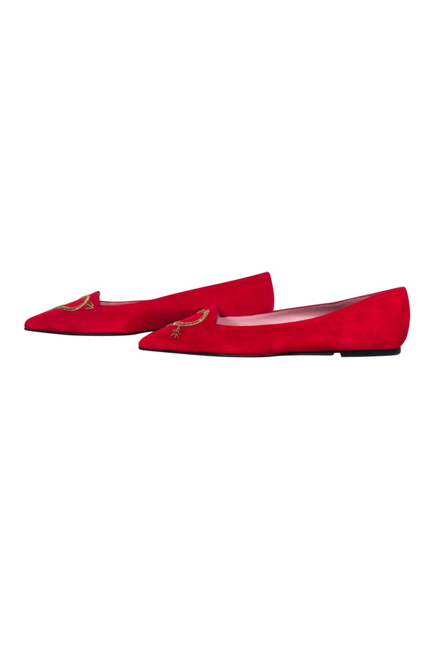 Current Boutique-Pretty Loafers - Red Pointed Toe Heart Embroidered Flats Sz 12