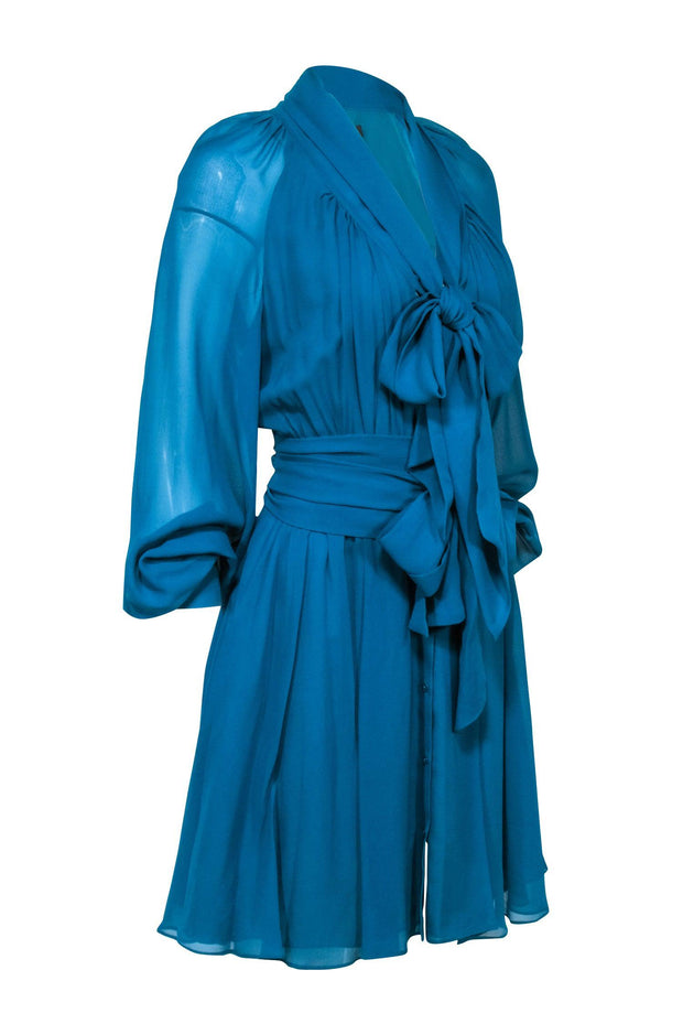 Current Boutique-Rachel Zoe – Teal Blue Silk Dress w/ Tie Around Neck Sz 10