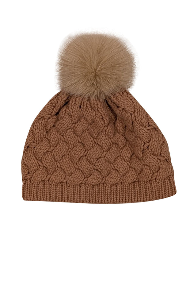 Current Boutique-Raffaello Bettini - Light Brown Cashmere Cable Knit Beanie w/ Fox Fur Pompom