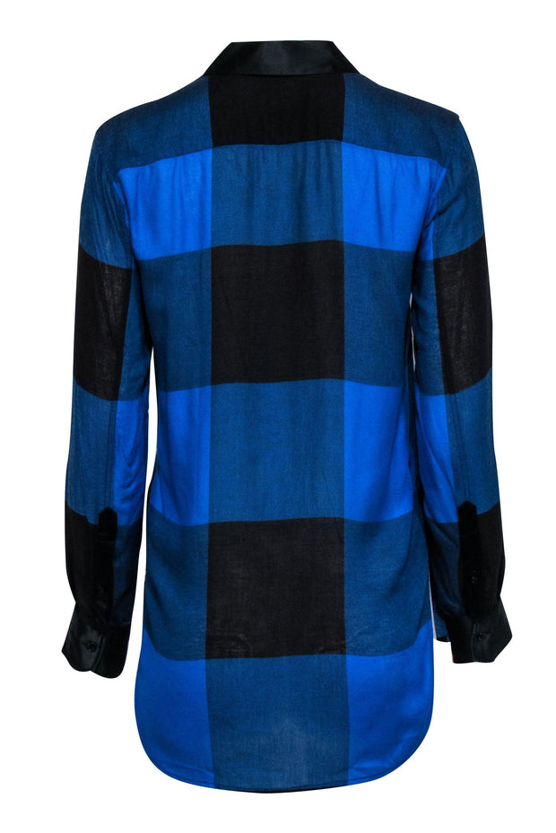 Current Boutique-Rag & Bone - Blue & Black Plaid Long Sleeve Button Front Shirt w/ Leather Collar Sz XS