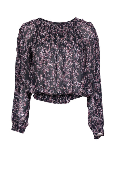 Current Boutique-Rag & Bone - Dark Navy & Purple Floral Print Boat Neck Blouse Sz XS