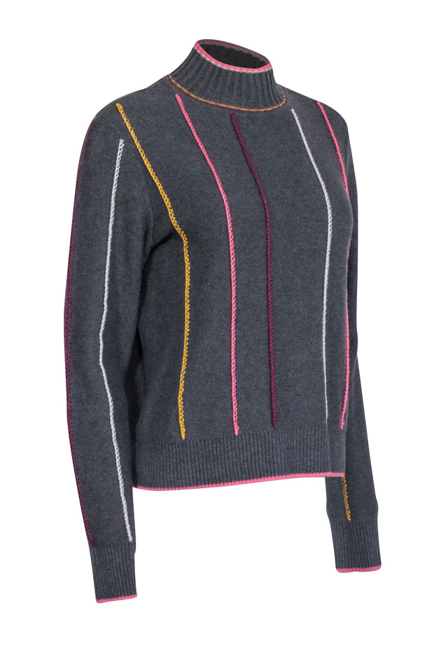 Current Boutique-Rag & Bone - Grey Turtleneck Sweater w/ Striped Embroidery Sz L