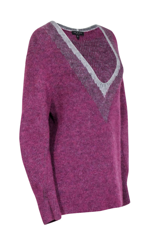 Current Boutique-Rag & Bone - Magenta V-neck Oversized Sweater Sz S