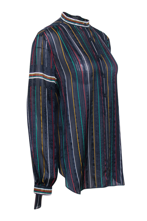 Current Boutique-Rag & Bone - Navy Semi-Sheer Silk Blouse w/ Multicolor Stripes Sz M