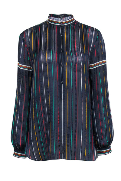 Rag & Bone - Navy Semi-Sheer Silk Blouse w/ Multicolor Stripes Sz M