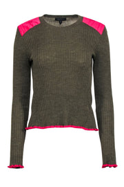 Current Boutique-Rag & Bone - Olive Wool Blend Ribbed Top w/ Pink Shoulder Patch Sz S