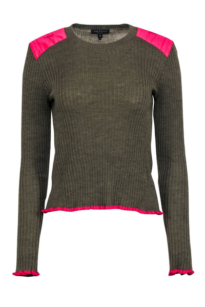 Current Boutique-Rag & Bone - Olive Wool Blend Ribbed Top w/ Pink Shoulder Patch Sz S