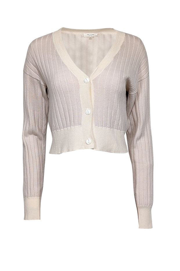 Current Boutique-Rag & Bone - Pale Pink & Cream Wool Two-Tone Cropped Cardigan Sz S