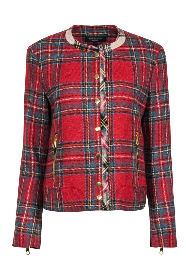 Current Boutique-Rag & Bone - Red, Teal & Beige Plaid Wool Jacket Sz 8