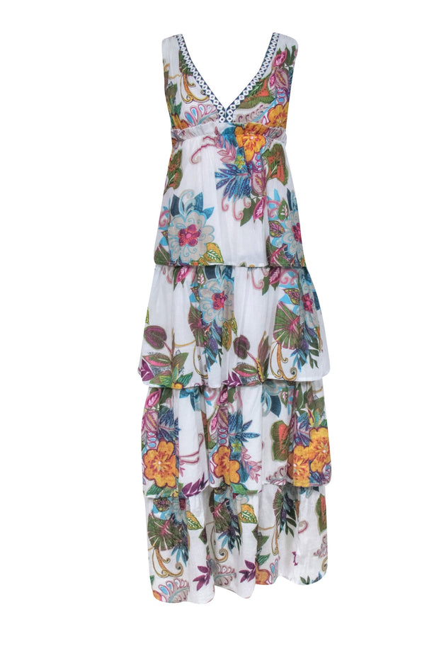 Current Boutique-Raga - White Tiered Printed Maxi Dress w/ Metallic Neckline Sz XS