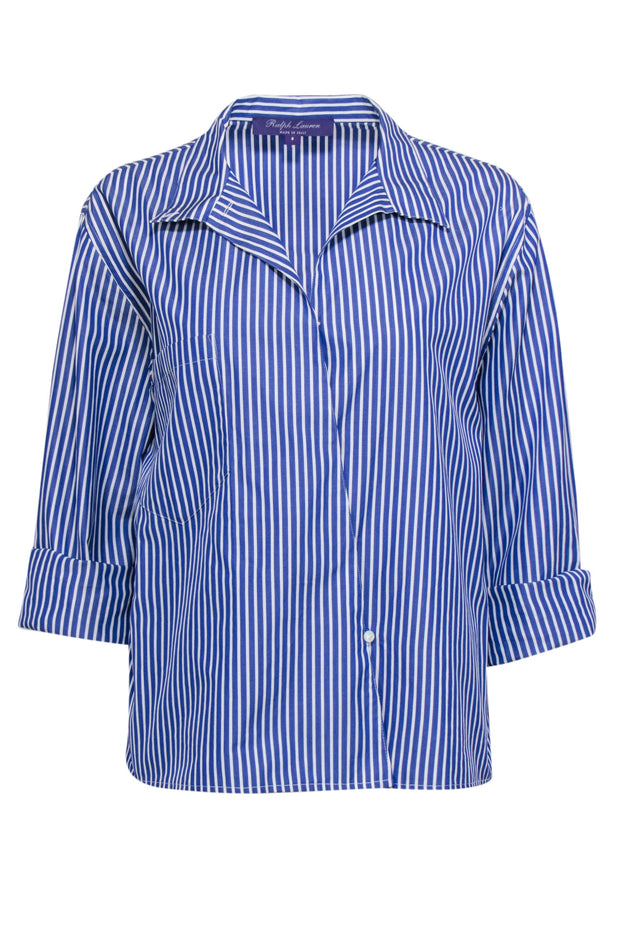 Current Boutique-Ralph Lauren - Blue & White Wrap Style Button Up Shirt Sz 8