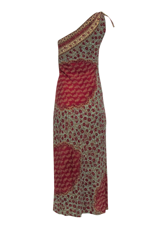 Current Boutique-Ralph Lauren Collection - Red, Sage, & Beige Silk Blend One Shoulder Dress Sz 6
