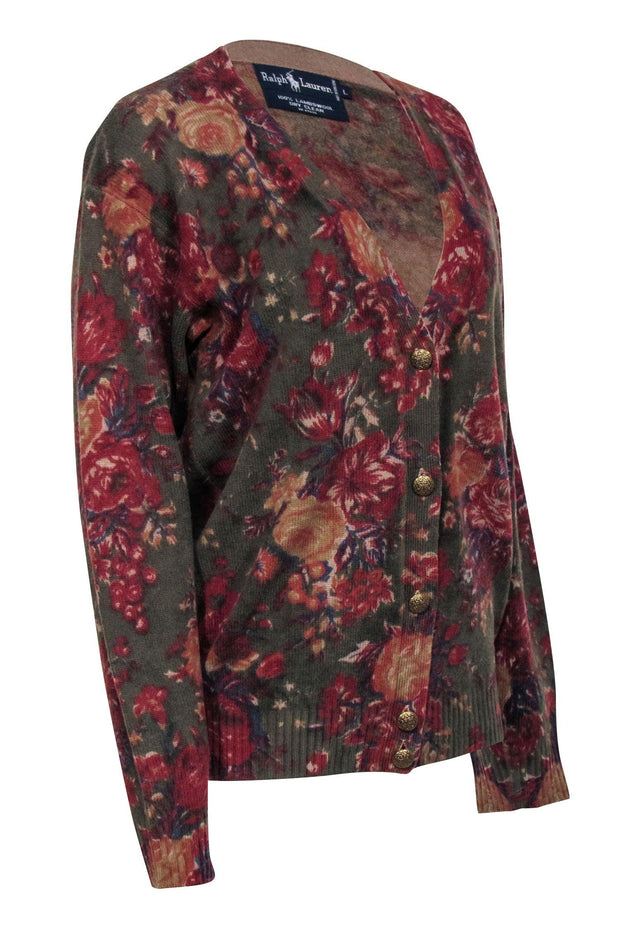 Current Boutique-Ralph Lauren - Olive w/ Red Floral Print Wool Cardigan Sz L