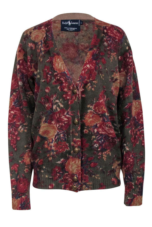 Current Boutique-Ralph Lauren - Olive w/ Red Floral Print Wool Cardigan Sz L