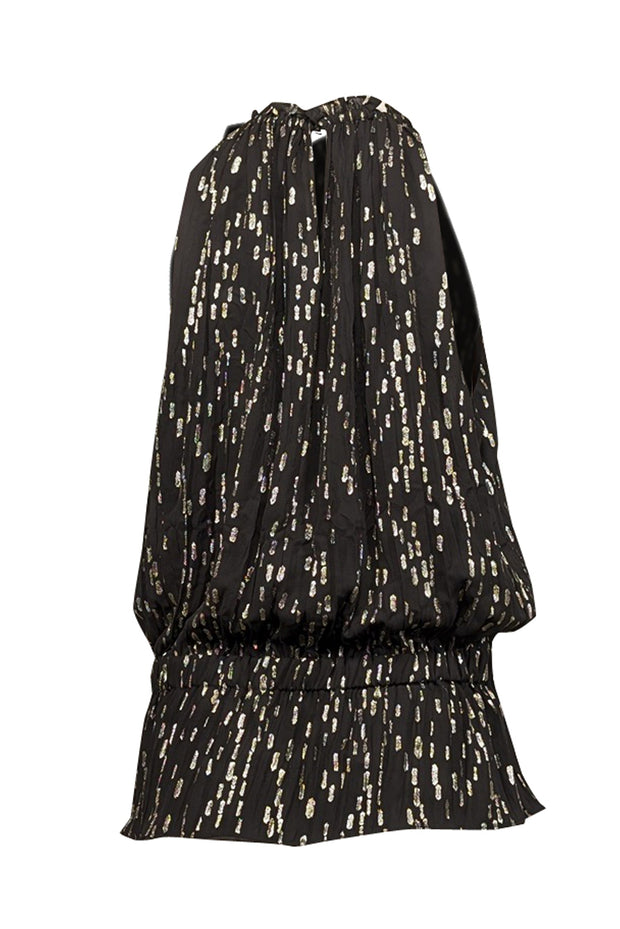 Current Boutique-Ramy Brook - Black & Gold Metallic Print Sleeveless Smocked Waist Top Sz L