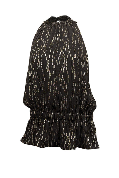 Current Boutique-Ramy Brook - Black & Gold Metallic Print Sleeveless Smocked Waist Top Sz L