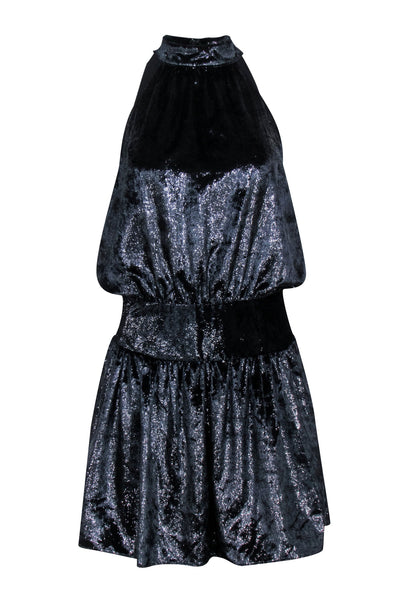 Current Boutique-Ramy Brook - Black Shimmering Velvet "Ellin" Halter Dress Sz S