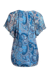 Current Boutique-Ramy Brook - Blue Paisley Print Blouse w/ Pleated Flutter Sleeves Sz S