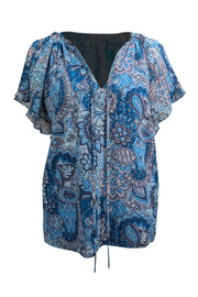 Current Boutique-Ramy Brook - Blue Paisley Print Blouse w/ Pleated Flutter Sleeves Sz S