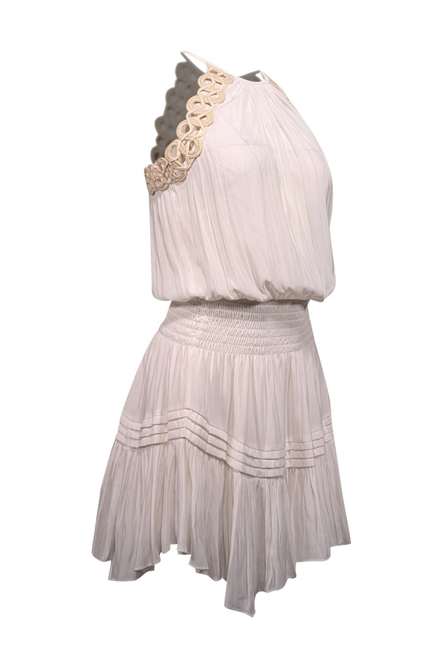 Current Boutique-Ramy Brook - Ivory w/ Beige Rope Trim Smocked Waist Dress Sz XS