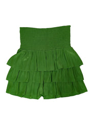 Current Boutique-Ramy Brook - Pea Green Satin Smocked Waist Tiered Mini Skirt Sz L