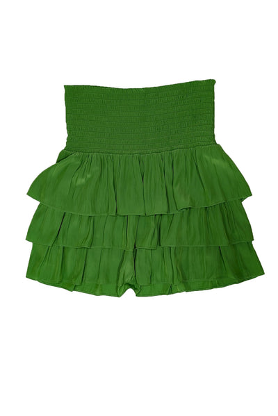 Current Boutique-Ramy Brook - Pea Green Satin Smocked Waist Tiered Mini Skirt Sz L