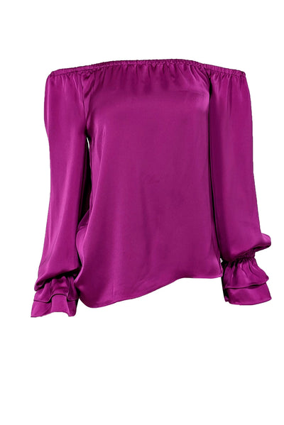 Current Boutique-Ramy Brook - Purple Satin Off-The-Shoulder Long Sleeve Shirt Sz XXS