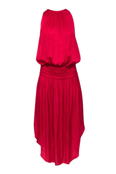 Current Boutique-Ramy Brook - Red Satin Smocked Waist Midi Dress Sz M
