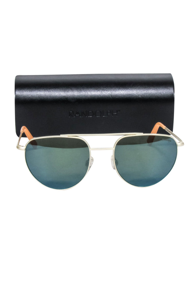 Current Boutique-Randolph - Gold Frame Aviator Sunglasses w/ Blue Lenses
