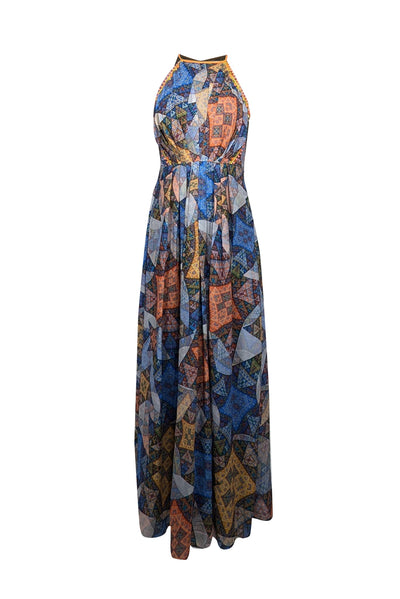 Current Boutique-Ranna Gill - Blue & Orange Mosaic Print Maxi Dress w/ Embroidered Stud Trim Sz XS