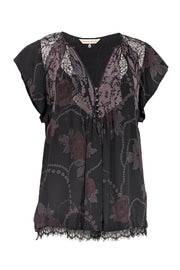 Current Boutique-Rebecca Taylor - Black, Grey, & Dark Purple Print Cap Sleeve Blouse Sz 4