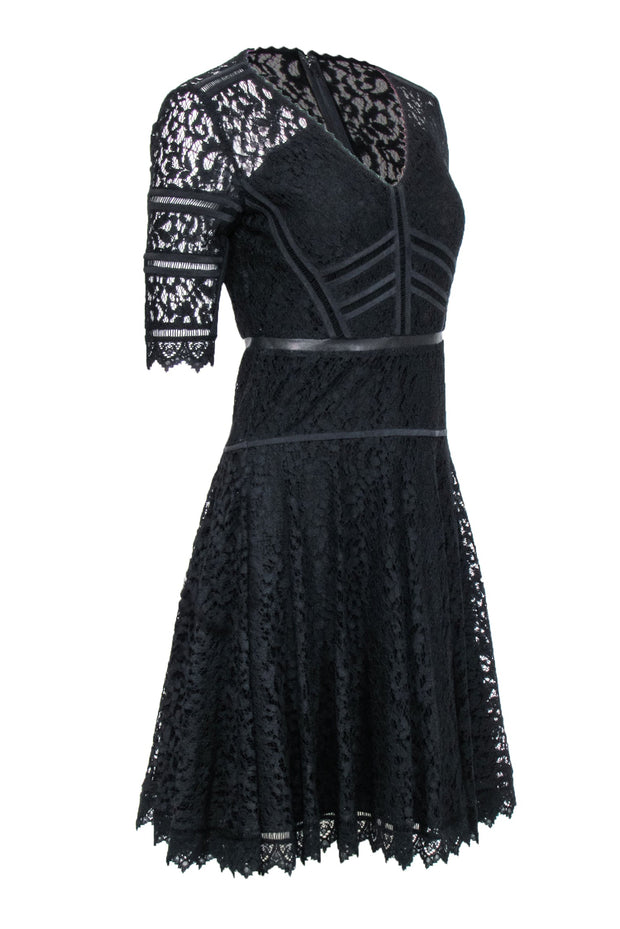 Current Boutique-Rebecca Taylor - Black Lace Leather Trim Dress Sz 2
