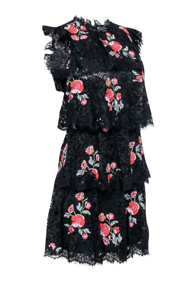 Current Boutique-Rebecca Taylor - Black Lace Tiered Dress w/ Floral Embroidered Detail Sz 2