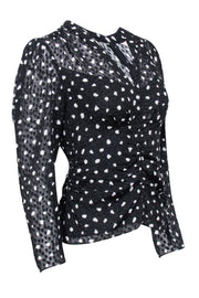 Current Boutique-Rebecca Taylor - Black & White Textured Polka Dot Long Sleeve Ruched Blouse Sz 2