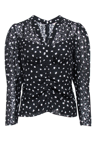 Current Boutique-Rebecca Taylor - Black & White Textured Polka Dot Long Sleeve Ruched Blouse Sz 2