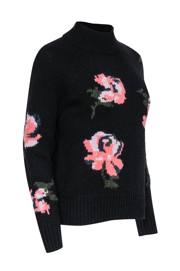 Current Boutique-Rebecca Taylor - Black Wool Blend Mockneck Sweater w/ Floral Pattern Sz S