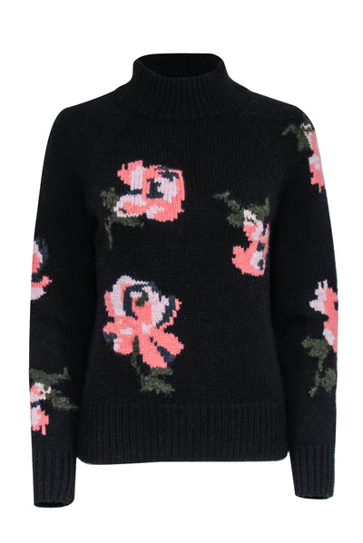 Current Boutique-Rebecca Taylor - Black Wool Blend Mockneck Sweater w/ Floral Pattern Sz S