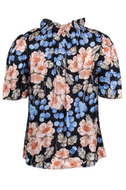 Current Boutique-Rebecca Taylor - Black w/ Peach & Blue Floral Print Ruffled Mock Neck Top Sz S