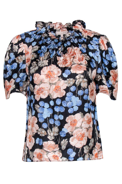 Current Boutique-Rebecca Taylor - Black w/ Peach & Blue Floral Print Ruffled Mock Neck Top Sz S