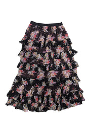 Current Boutique-Rebecca Taylor - Black w/ Pink Floral Print Silk Blend Tiered Skirt Sz S