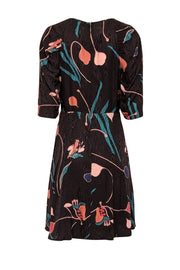 Current Boutique-Rebecca Taylor - Black w/ Teal & Peach Botanical Print Silk Blend Dress Sz 8