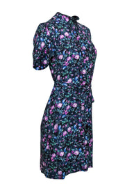 Current Boutique-Rebecca Taylor - Blue, Black & Purple Floral Print Pleated Shift Dress Sz 4