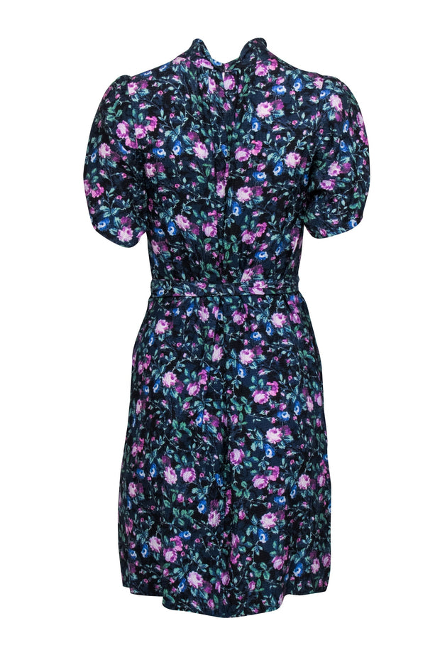 Current Boutique-Rebecca Taylor - Blue, Black & Purple Floral Print Pleated Shift Dress Sz 4