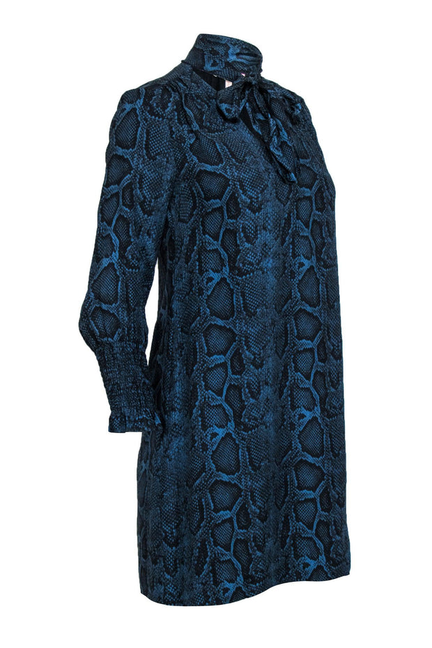 Current Boutique-Rebecca Taylor - Blue & Black Snakeskin Print Silk Shift Dress w/ Neck Tie Sz 0